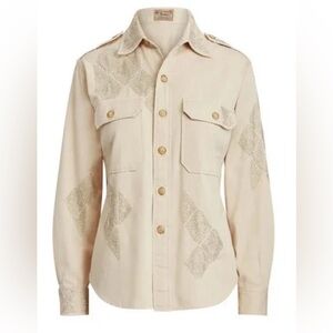 Polo Ralph Lauren Beaded Twill Button Down Shirt Size L cream